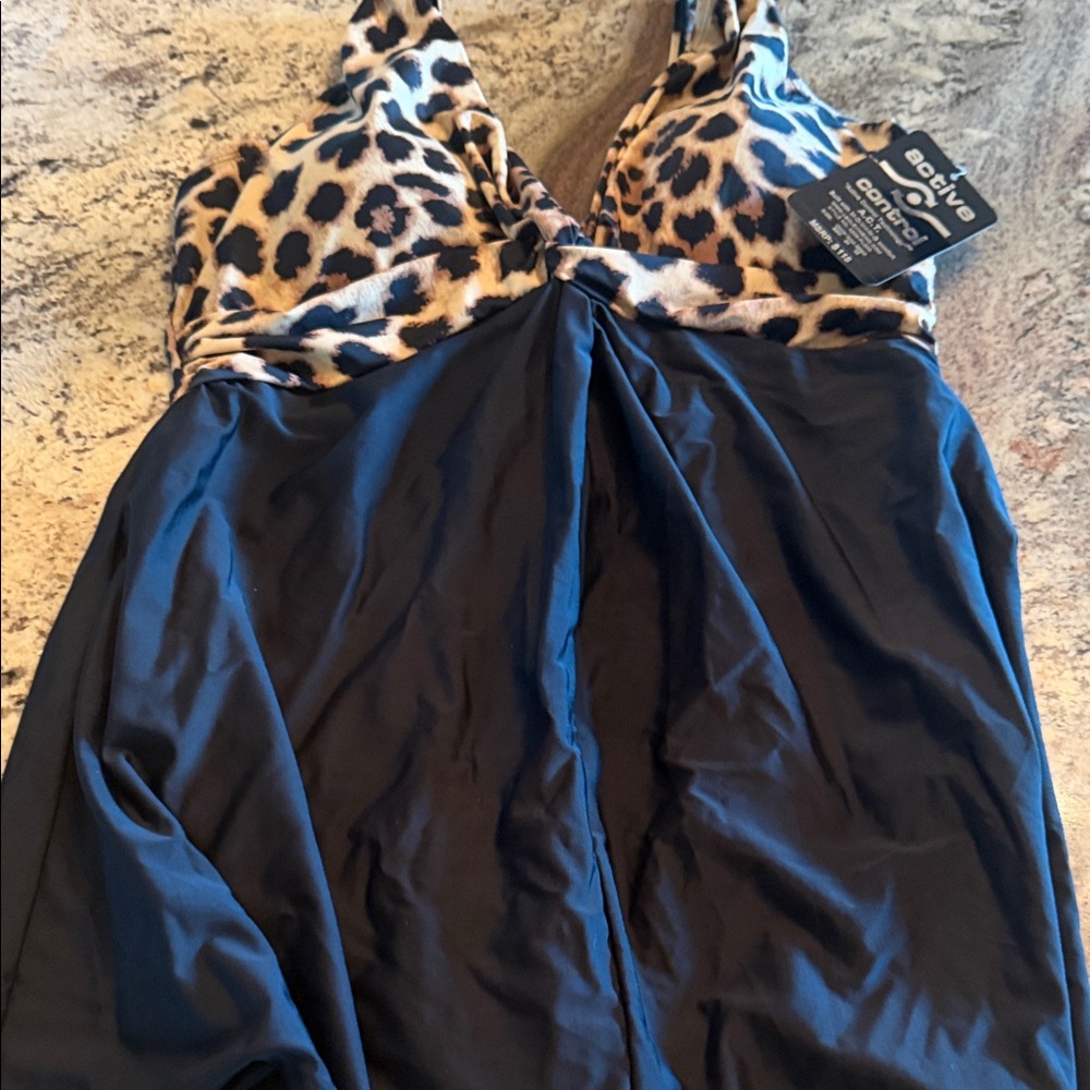 Active Control Swim Dress with Leopard Bust and black Skirt